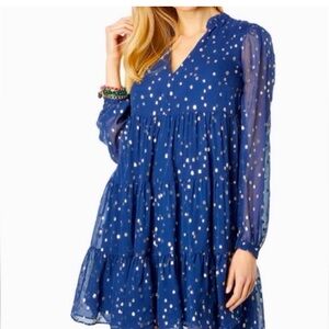 Lilly Pulitzer Sarita silk swing dress size 12 High Tide Navy with Gold clip dot